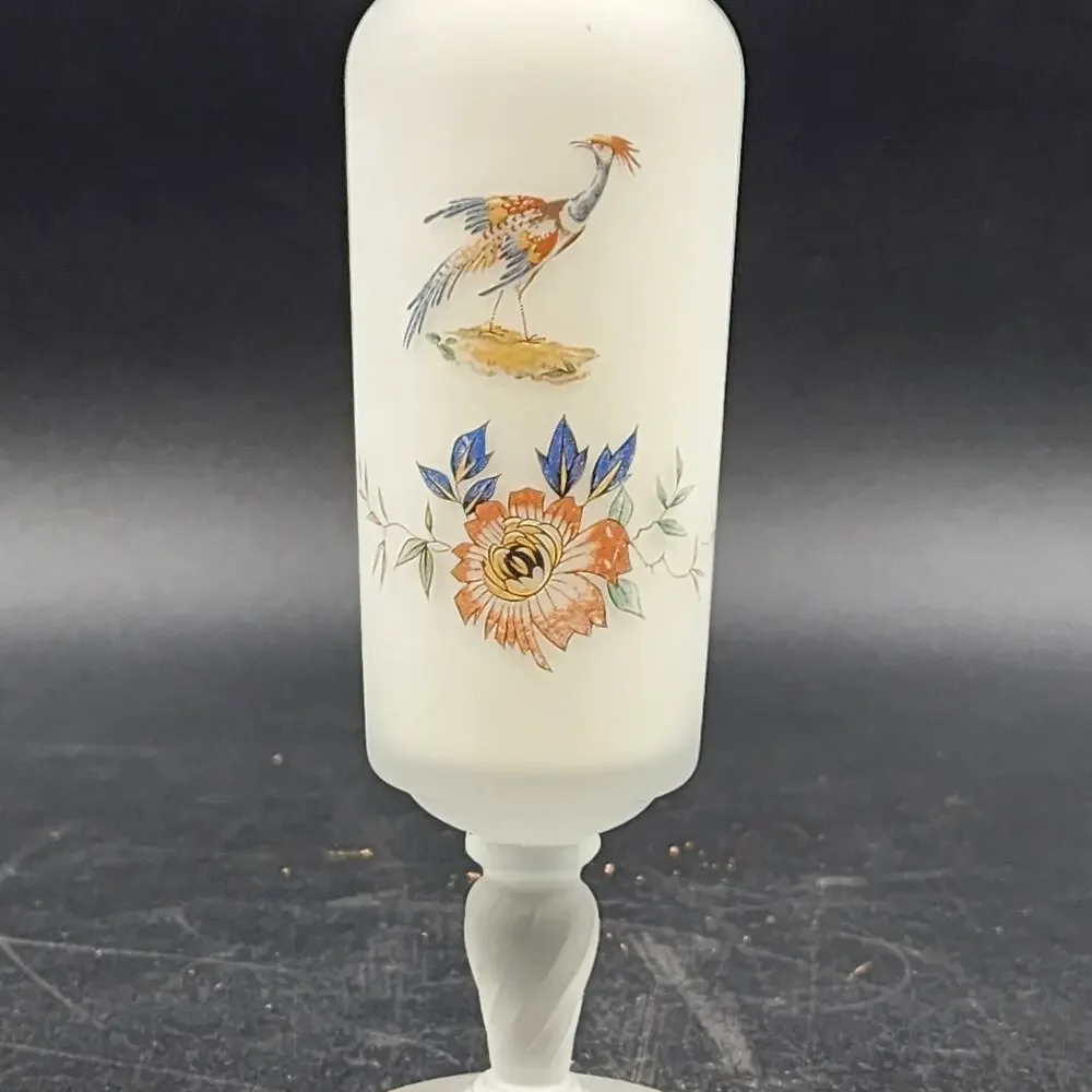 Norleans Frosted Satin Art Glass Vase Hand Painted Bird Bristol Gold Trim 10